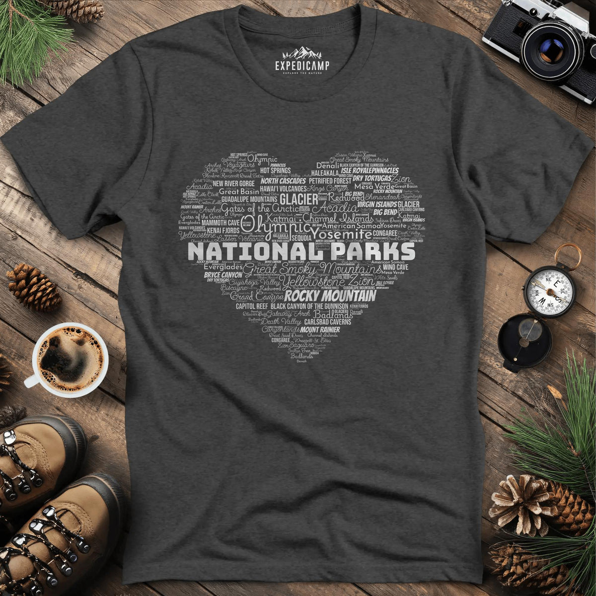 National Parks Word Art Heart T-Shirt – Dark Heather – Outdoor apparel for travel, hiking, camping, and nature lovers – ExpediCamp
