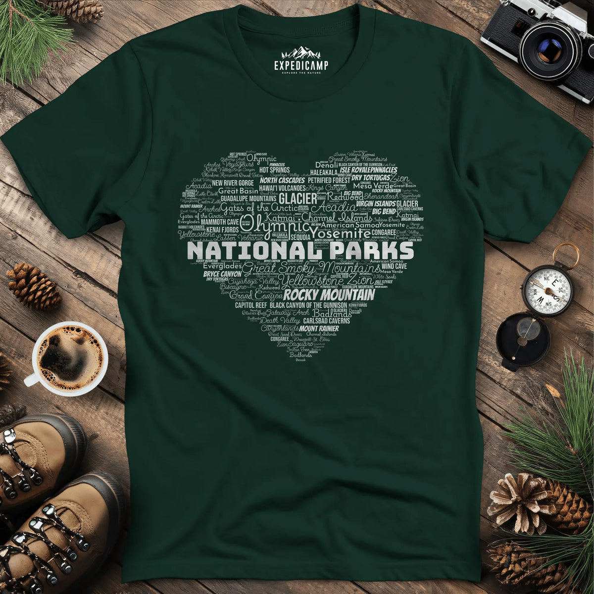 National Parks Word Art Heart T-Shirt – Forest Green – Outdoor apparel for travel, hiking, camping, and nature lovers – ExpediCamp