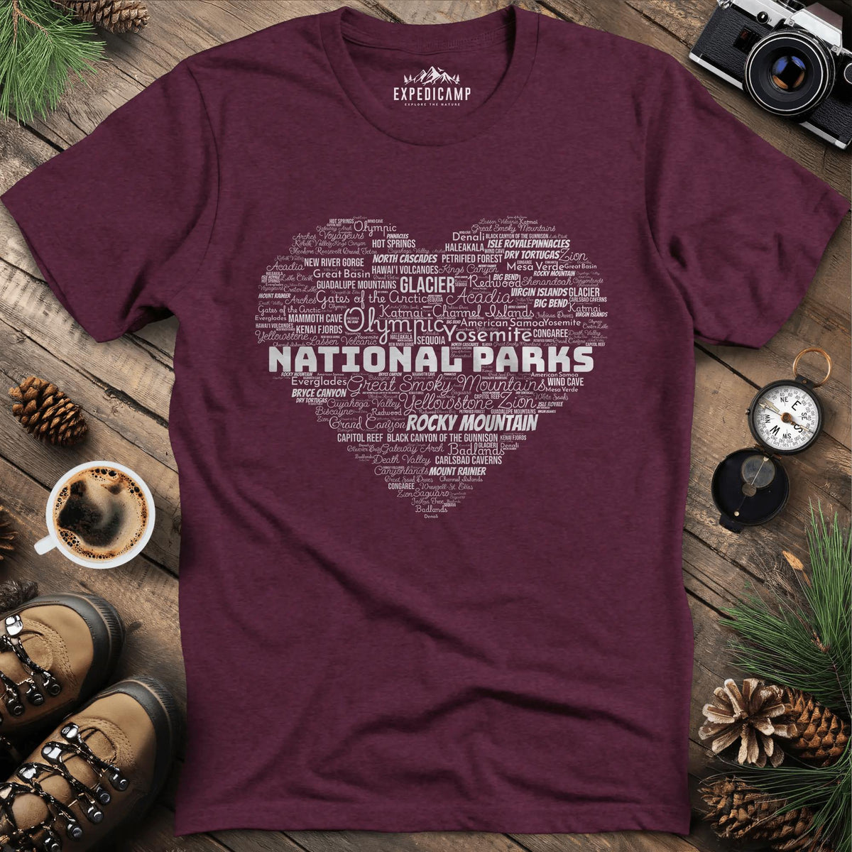 National Parks Word Art Heart T-Shirt – Heather Maroon – Outdoor apparel for travel, hiking, camping, and nature lovers – ExpediCamp