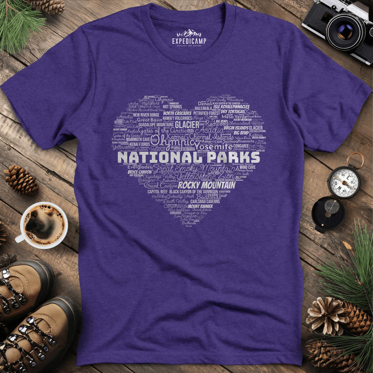 National Parks Word Art Heart T-Shirt – Heather Purple – Outdoor apparel for travel, hiking, camping, and nature lovers – ExpediCamp