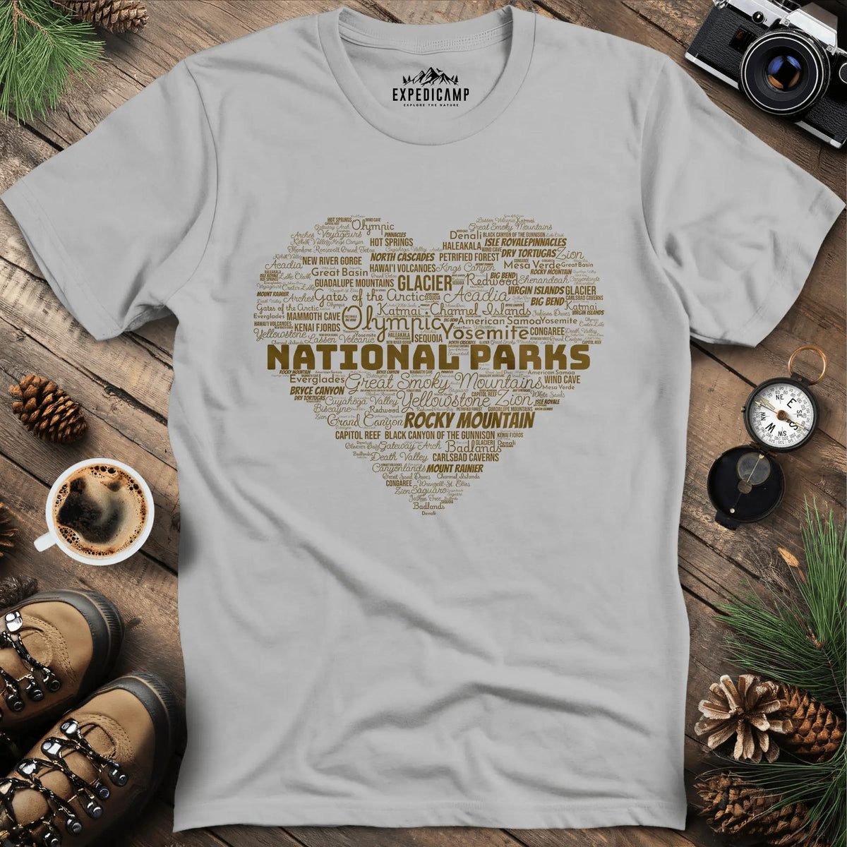 National Parks Word Art Heart T-Shirt – Ice Grey – Outdoor apparel for travel, hiking, camping, and nature lovers – ExpediCamp