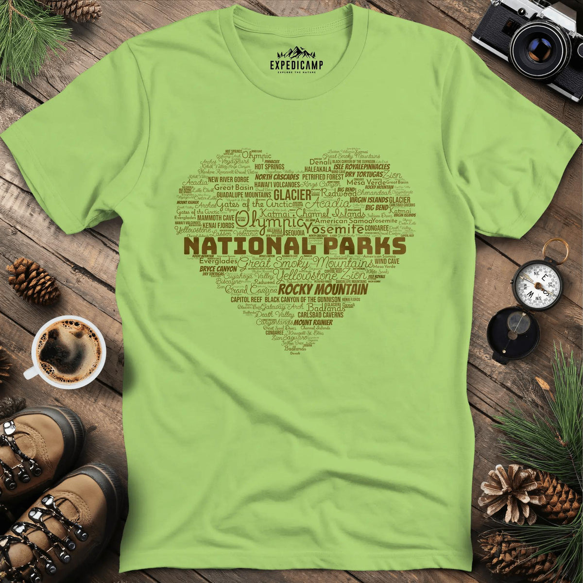 National Parks Word Art Heart T-Shirt – Kiwi – Outdoor apparel for travel, hiking, camping, and nature lovers – ExpediCamp