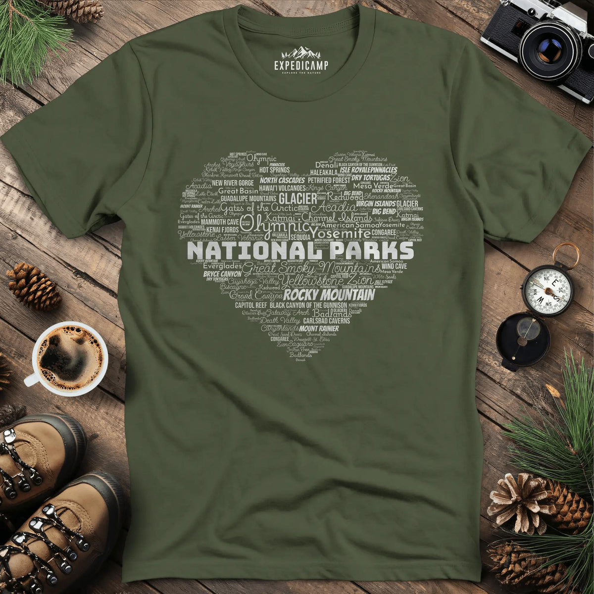 National Parks Word Art Heart T-Shirt – Military Green – Outdoor apparel for travel, hiking, camping, and nature lovers – ExpediCamp