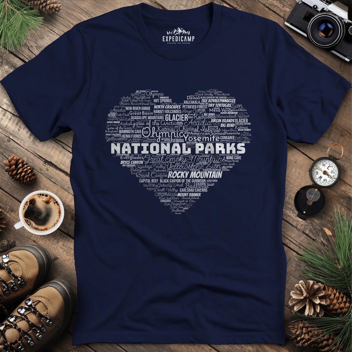 National Parks Word Art Heart T-Shirt – Navy – Outdoor apparel for travel, hiking, camping, and nature lovers – ExpediCamp