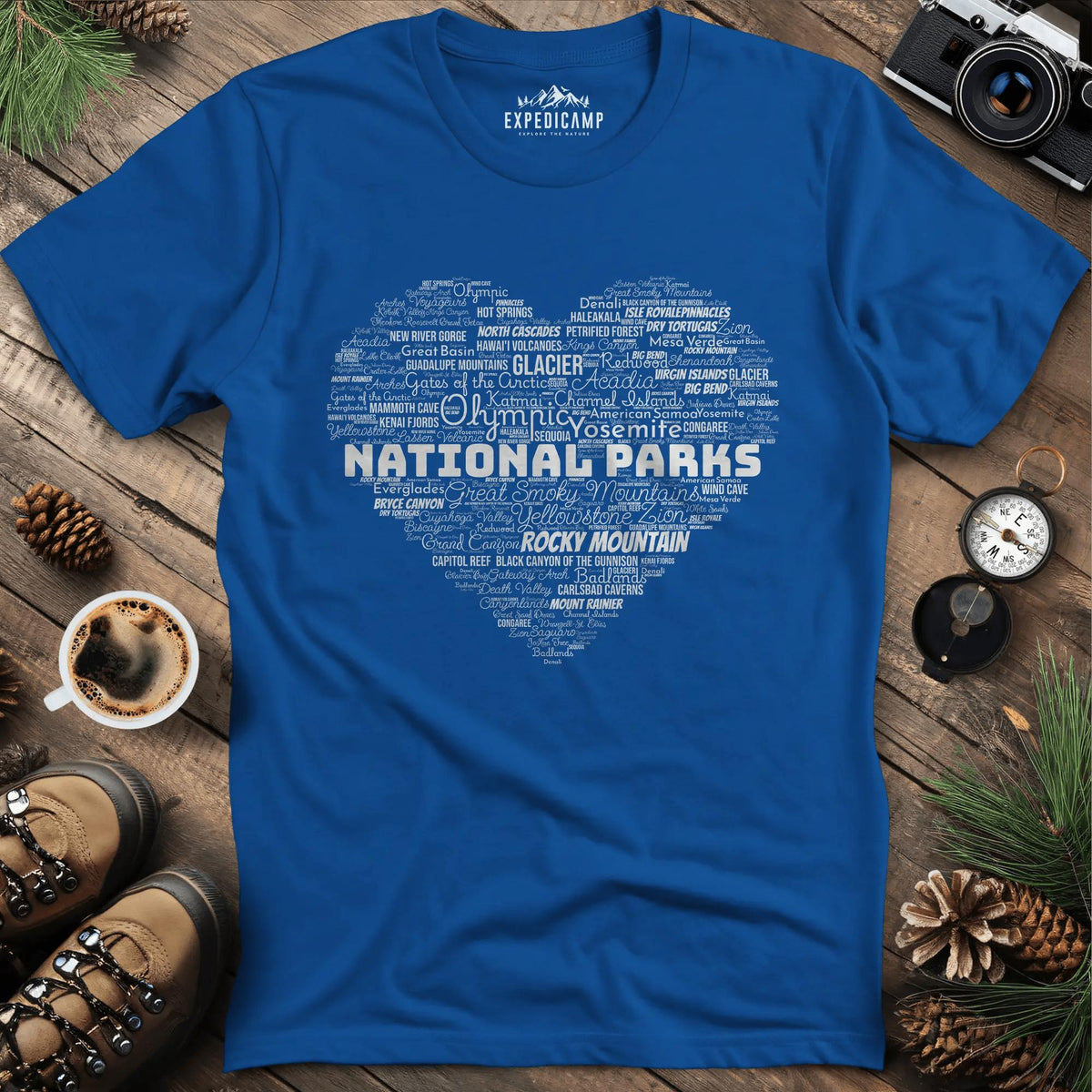 National Parks Word Art Heart T-Shirt – Royal – Outdoor apparel for travel, hiking, camping, and nature lovers – ExpediCamp