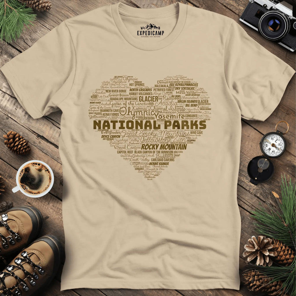 National Parks Word Art Heart T-Shirt – Sand – Outdoor apparel for travel, hiking, camping, and nature lovers – ExpediCamp