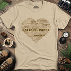 National Parks Word Art Heart T-Shirt – Sand – Outdoor apparel for travel, hiking, camping, and nature lovers – ExpediCamp