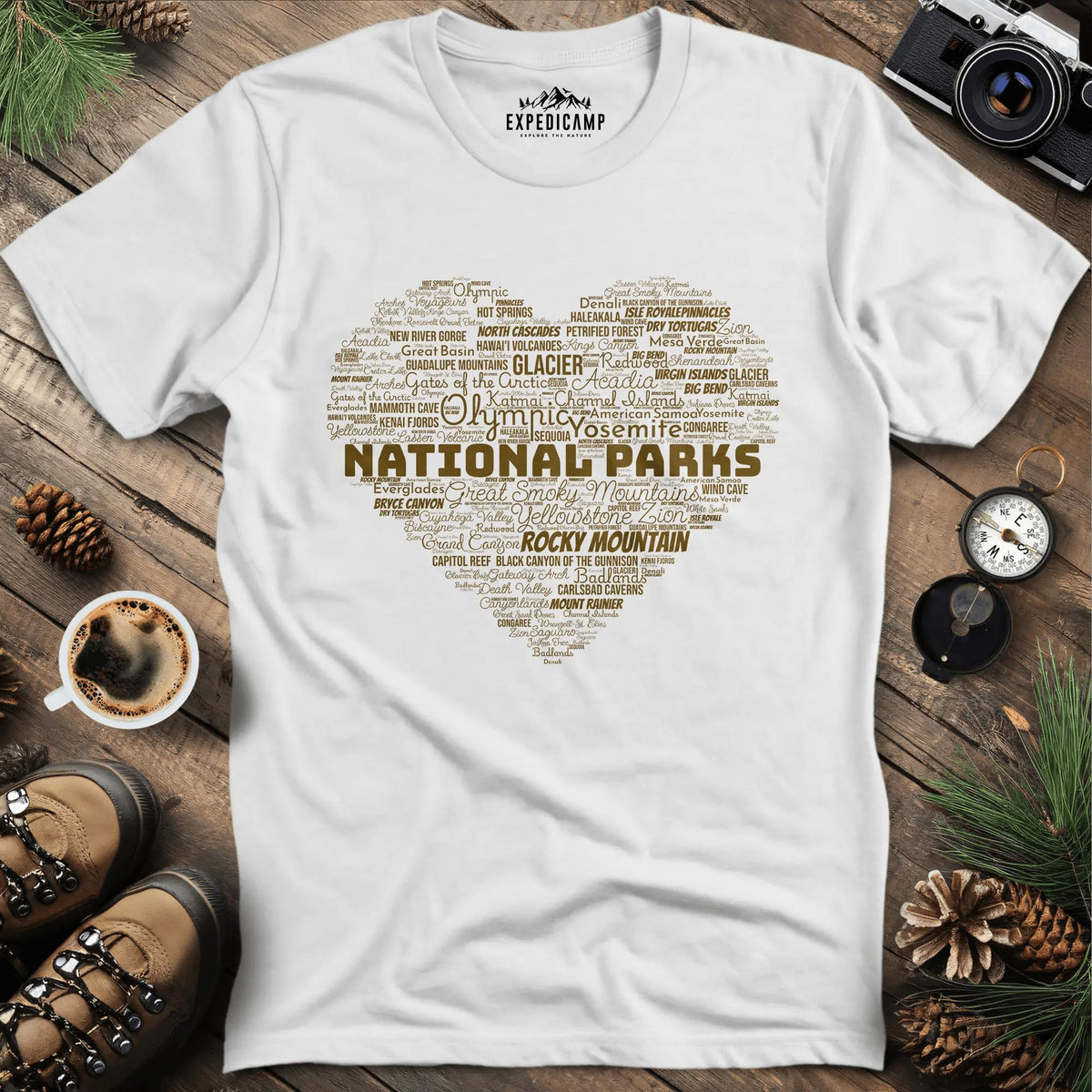National Parks Word Art Heart T-Shirt – White – Outdoor apparel for travel, hiking, camping, and nature lovers – ExpediCamp