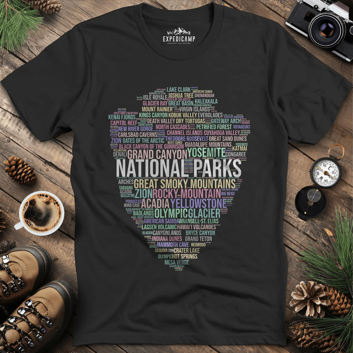 National Parks Word Art T-Shirt for Nature Lovers – Black – Outdoor apparel for travel, hiking, camping, and nature lovers – ExpediCamp
