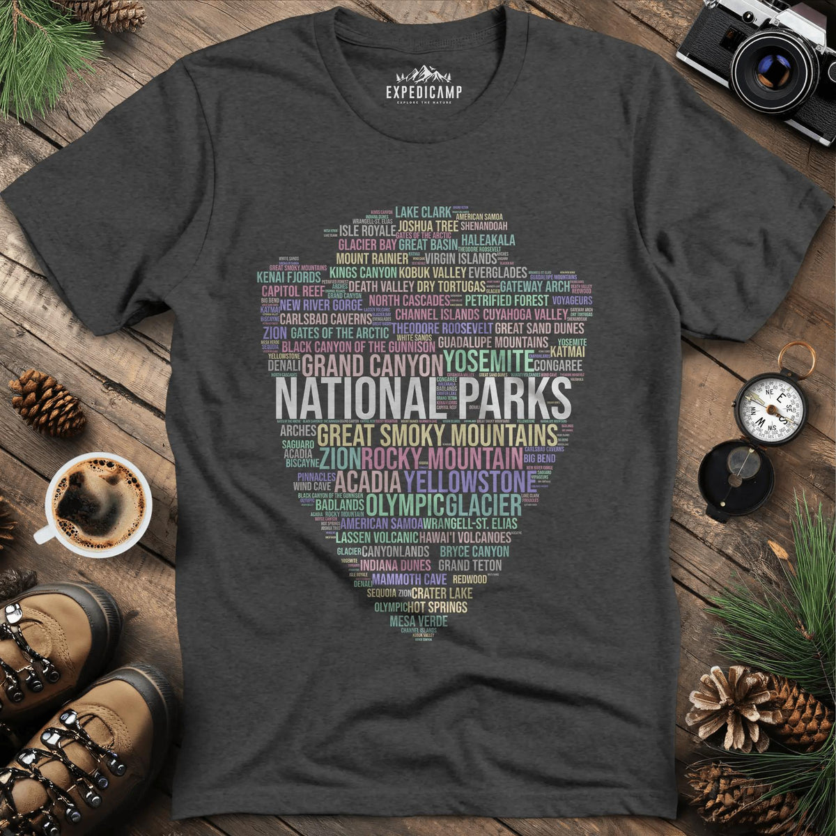 National Parks Word Art T-Shirt for Nature Lovers – Dark Heather – Outdoor apparel for travel, hiking, camping, and nature lovers – ExpediCamp