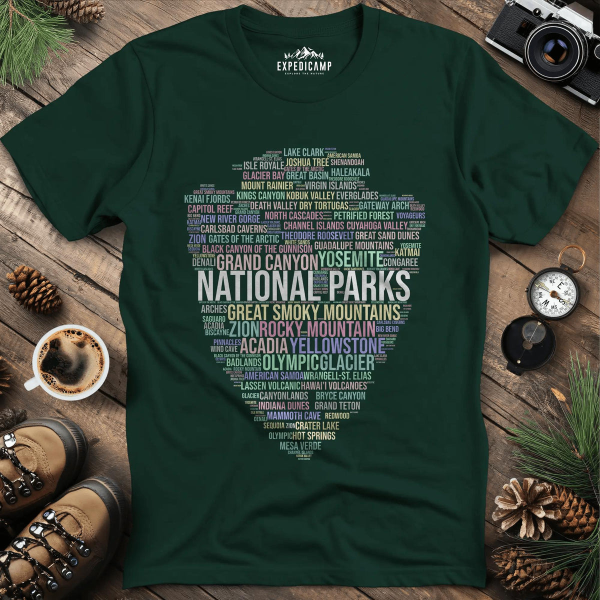 National Parks Word Art T-Shirt for Nature Lovers – Forest Green – Outdoor apparel for travel, hiking, camping, and nature lovers – ExpediCamp