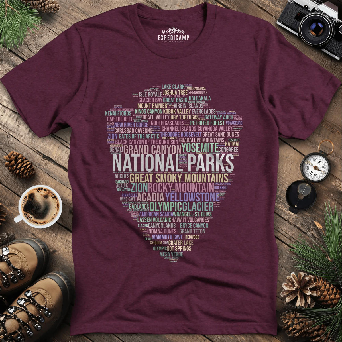 National Parks Word Art T-Shirt for Nature Lovers – Heather Maroon – Outdoor apparel for travel, hiking, camping, and nature lovers – ExpediCamp