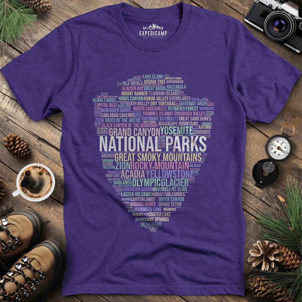 National Parks Word Art T-Shirt for Nature Lovers – Heather Purple – Outdoor apparel for travel, hiking, camping, and nature lovers – ExpediCamp
