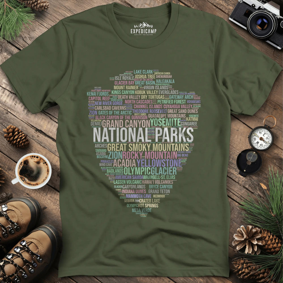 National Parks Word Art T-Shirt for Nature Lovers – Military Green – Outdoor apparel for travel, hiking, camping, and nature lovers – ExpediCamp