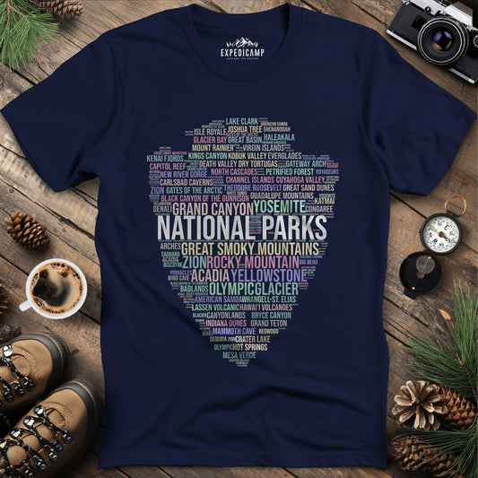 National Parks Word Art T-Shirt for Nature Lovers – Navy – Outdoor apparel for travel, hiking, camping, and nature lovers – ExpediCamp
