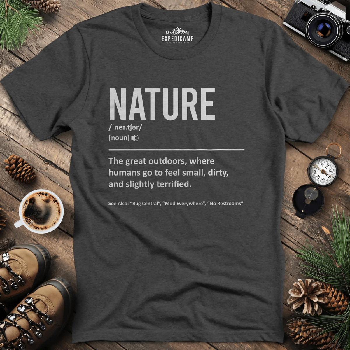 Nature Definition T-Shirt – Dark Heather – Outdoor apparel for travel, hiking, camping, and nature lovers – ExpediCamp