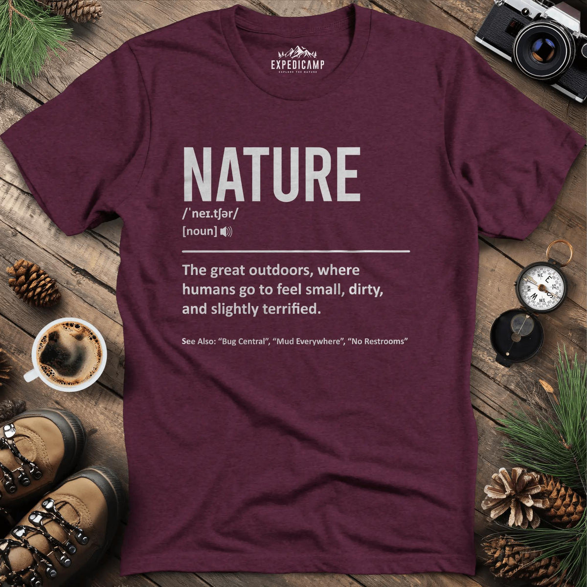 Nature Definition T-Shirt – Heather Maroon – Outdoor apparel for travel, hiking, camping, and nature lovers – ExpediCamp