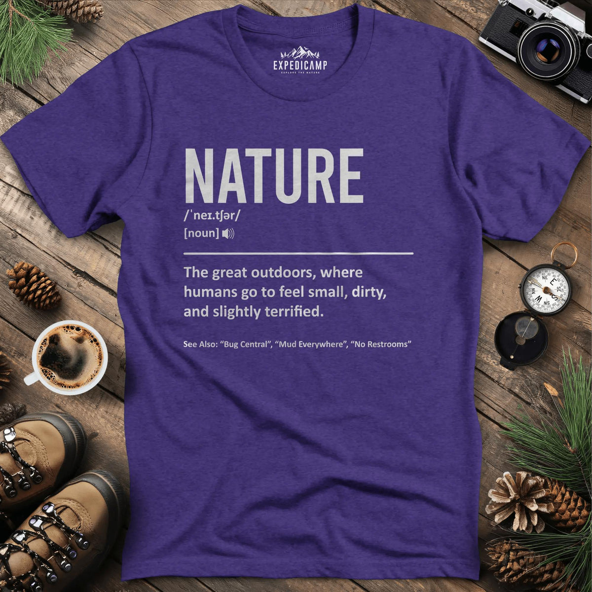 Nature Definition T-Shirt – Heather Purple – Outdoor apparel for travel, hiking, camping, and nature lovers – ExpediCamp