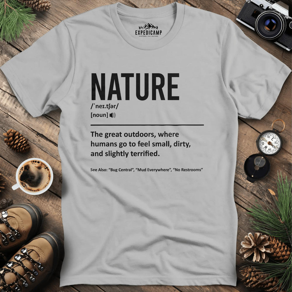Nature Definition T-Shirt – Ice Grey – Outdoor apparel for travel, hiking, camping, and nature lovers – ExpediCamp