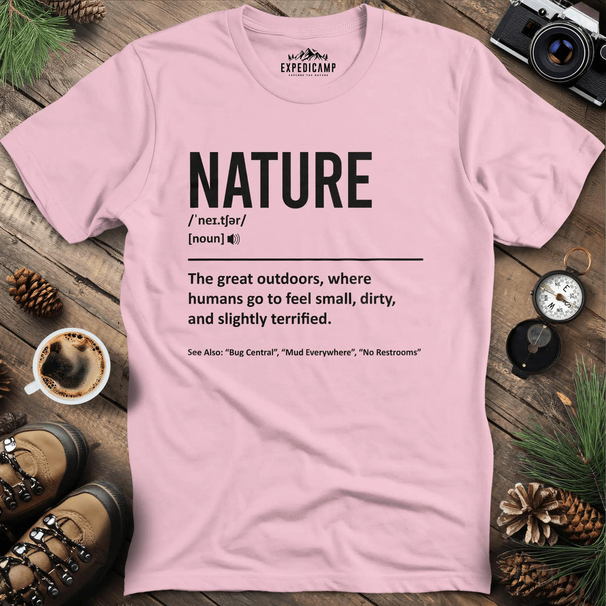 Nature Definition T-Shirt – Light Pink – Outdoor apparel for travel, hiking, camping, and nature lovers – ExpediCamp