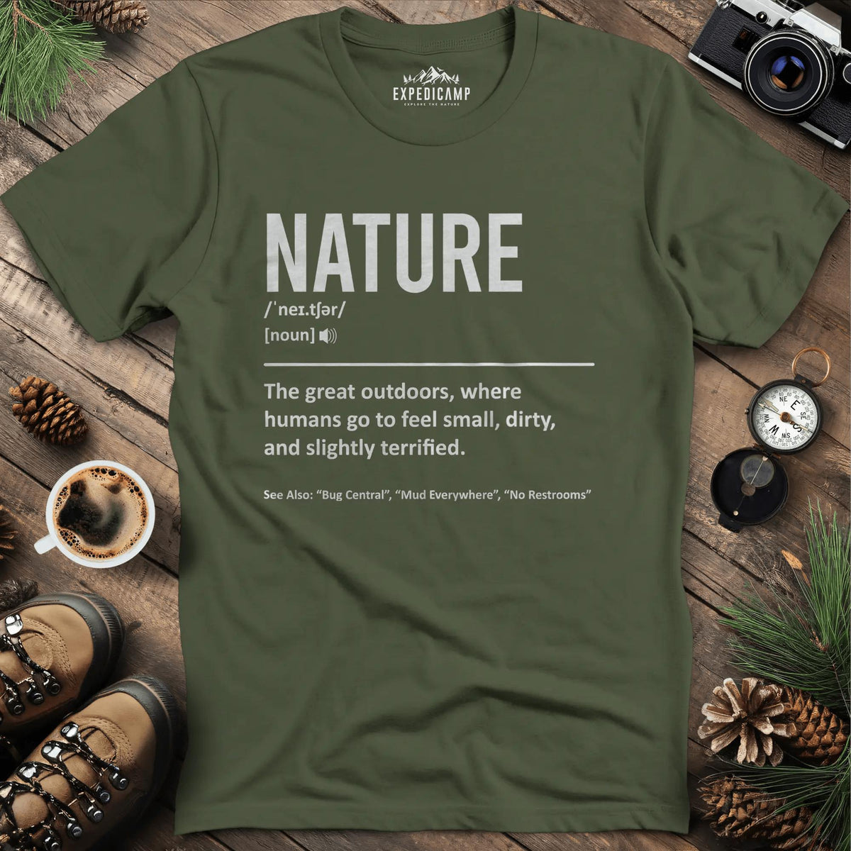 Nature Definition T-Shirt – Military Green – Outdoor apparel for travel, hiking, camping, and nature lovers – ExpediCamp