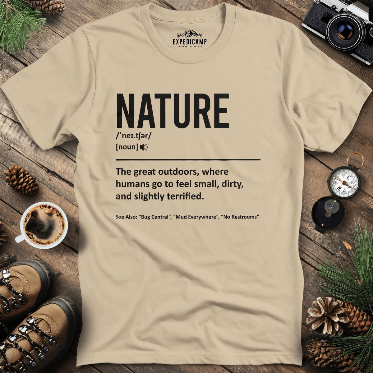 Nature Definition T-Shirt – Sand – Outdoor apparel for travel, hiking, camping, and nature lovers – ExpediCamp