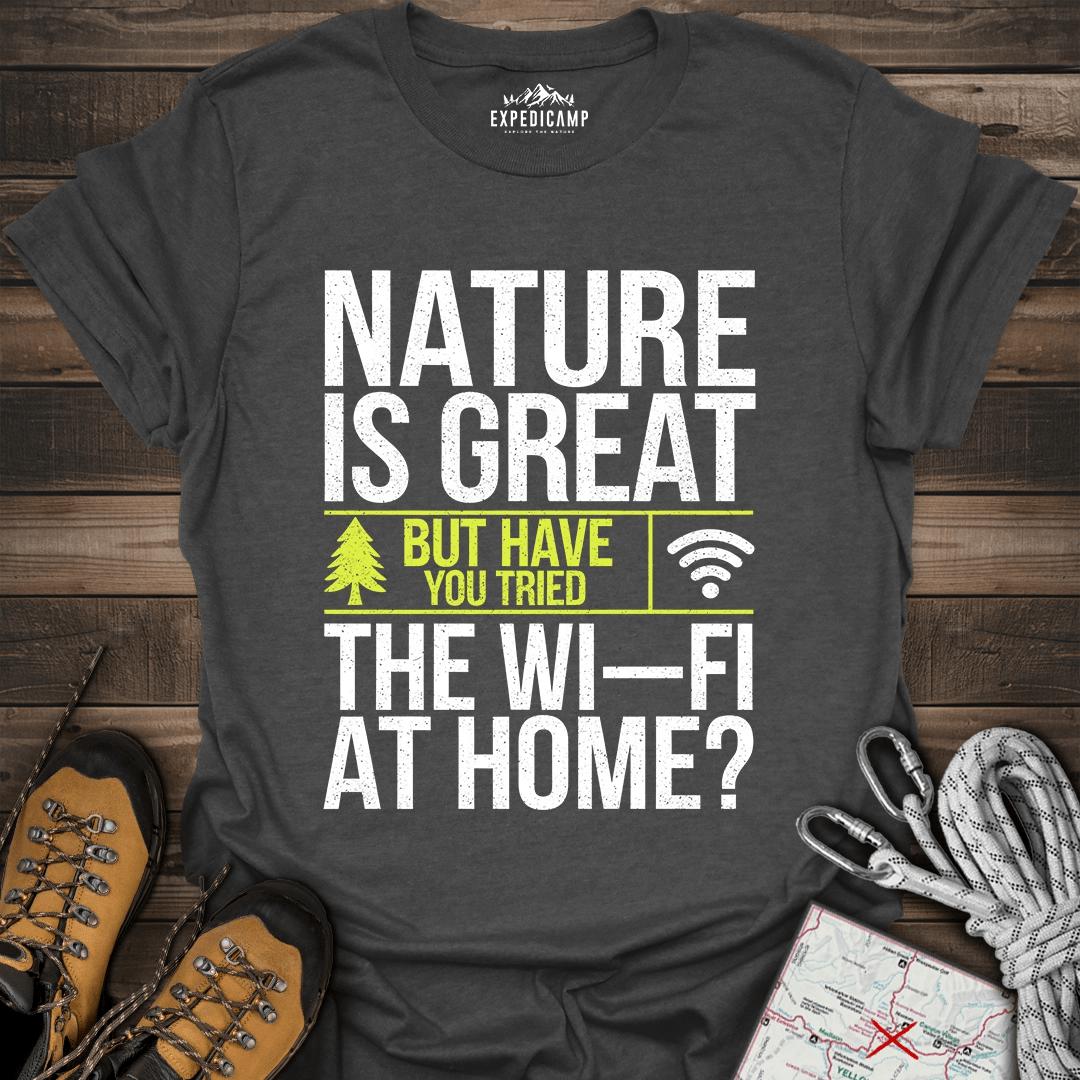 Nature Is Great T-Shirt – Dark Heather – Outdoor apparel for travel, hiking, camping, and nature lovers – ExpediCamp