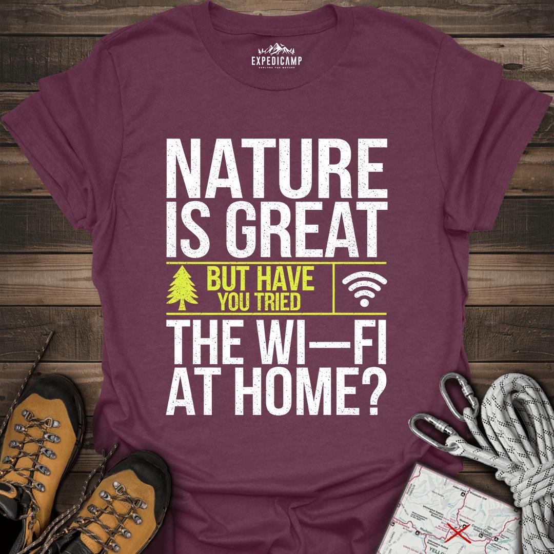 Nature Is Great T-Shirt – Heather Maroon – Outdoor apparel for travel, hiking, camping, and nature lovers – ExpediCamp