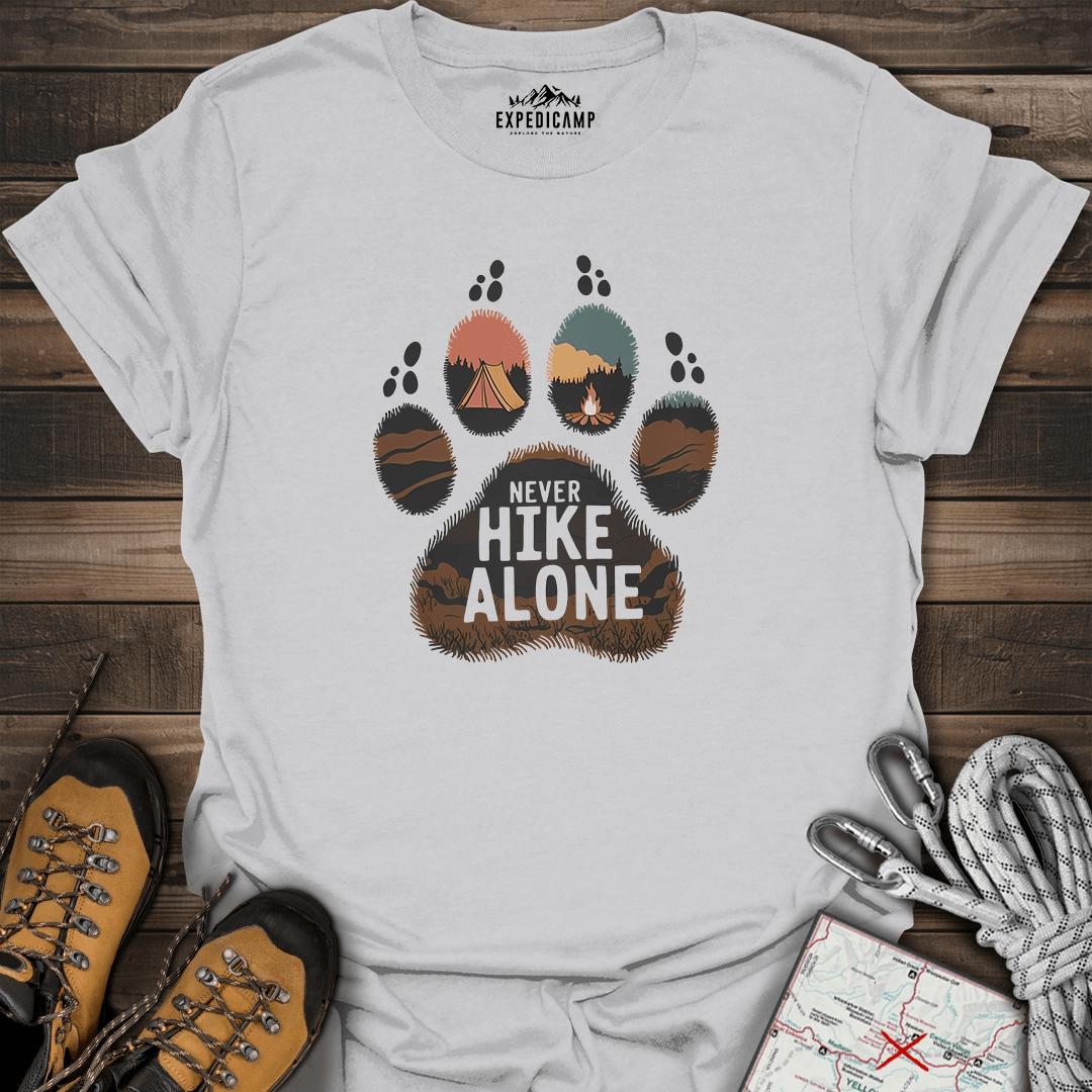Never Hike Alone T-Shirt – Ice Grey – Outdoor apparel for travel, hiking, camping, and nature lovers – ExpediCamp
