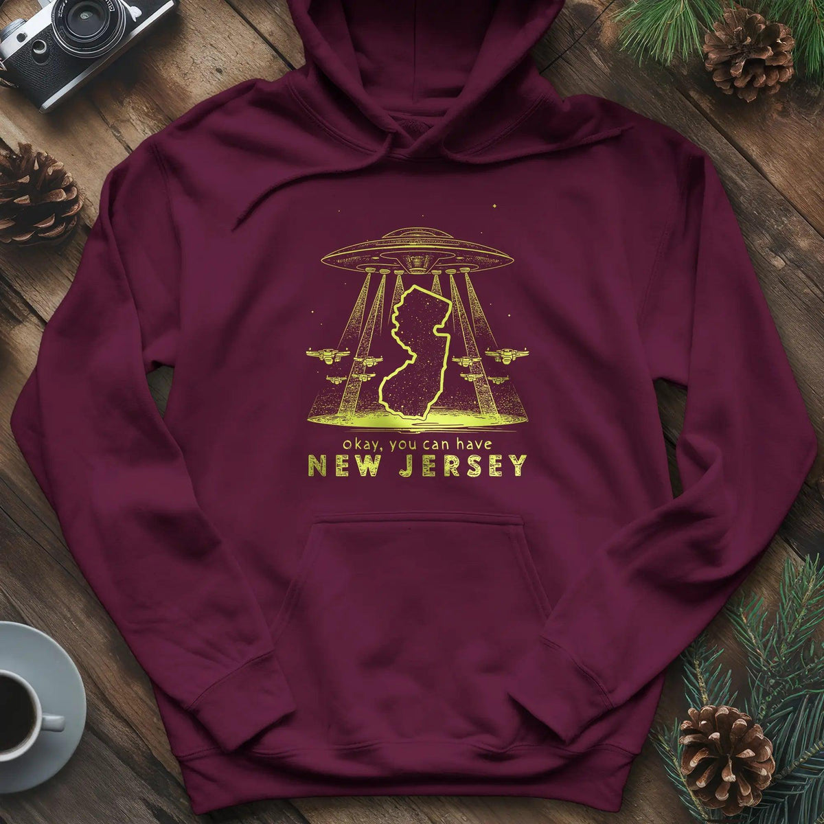 New Jersey UFO Hoodie – Maroon – Outdoor apparel for travel, hiking, camping, and nature lovers – ExpediCamp