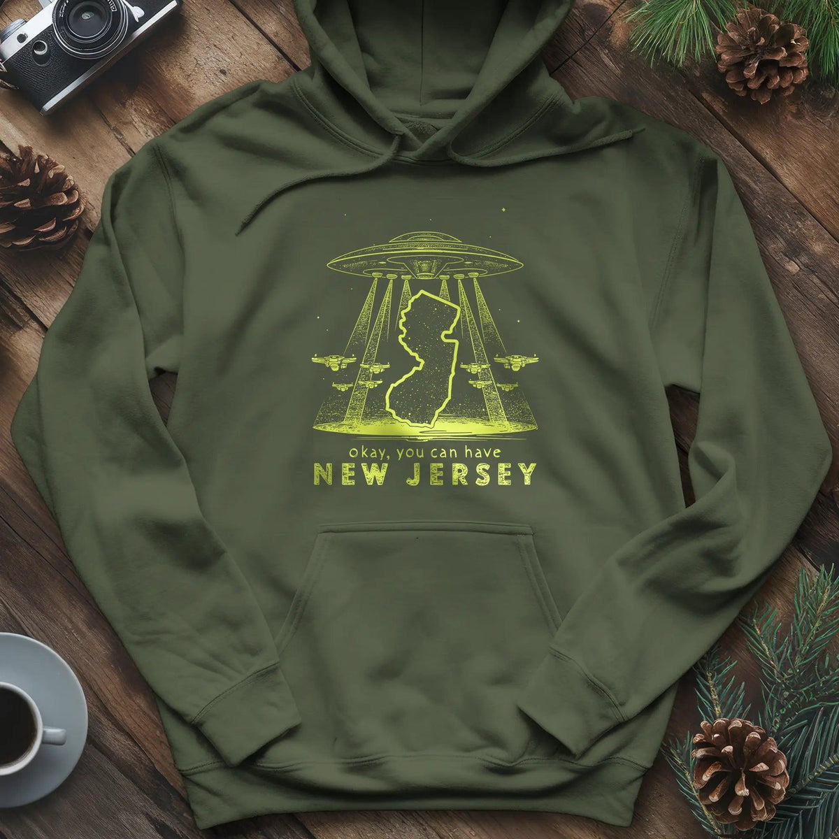 New Jersey UFO Hoodie – Military Green – Outdoor apparel for travel, hiking, camping, and nature lovers – ExpediCamp