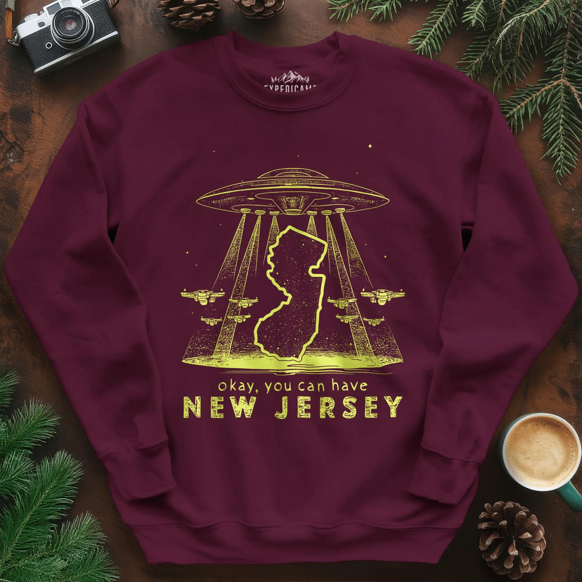 New Jersey UFO Sweatshirt – Maroon – Outdoor apparel for travel, hiking, camping, and nature lovers – ExpediCamp
