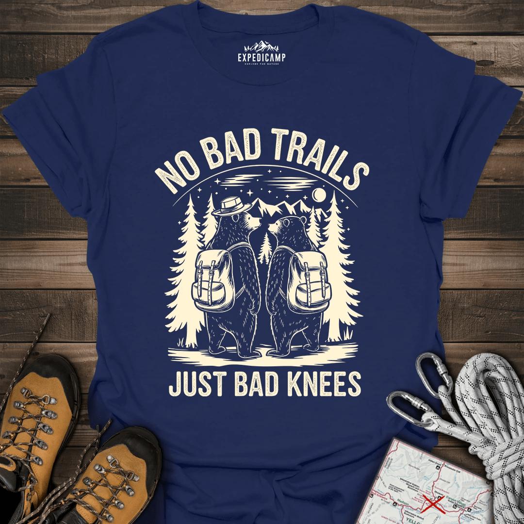 No Bad Trails Just Bad Knees T-Shirt – Navy – Outdoor apparel for travel, hiking, camping, and nature lovers – ExpediCamp