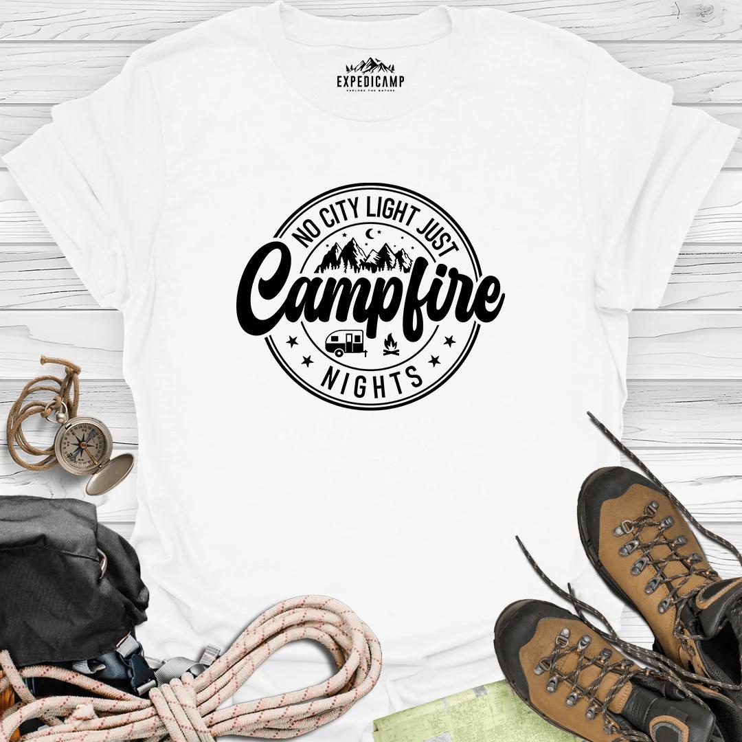 No City Light Just Campfire Nights T-Shirt – White – Outdoor apparel for travel, hiking, camping, and nature lovers – ExpediCamp