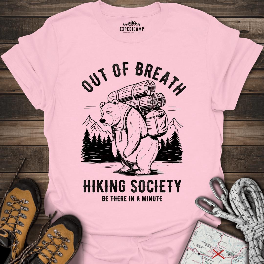 Out Of Breath Hiking Society Bear T-Shirt – Light Pink – Outdoor apparel for travel, hiking, camping, and nature lovers – ExpediCamp