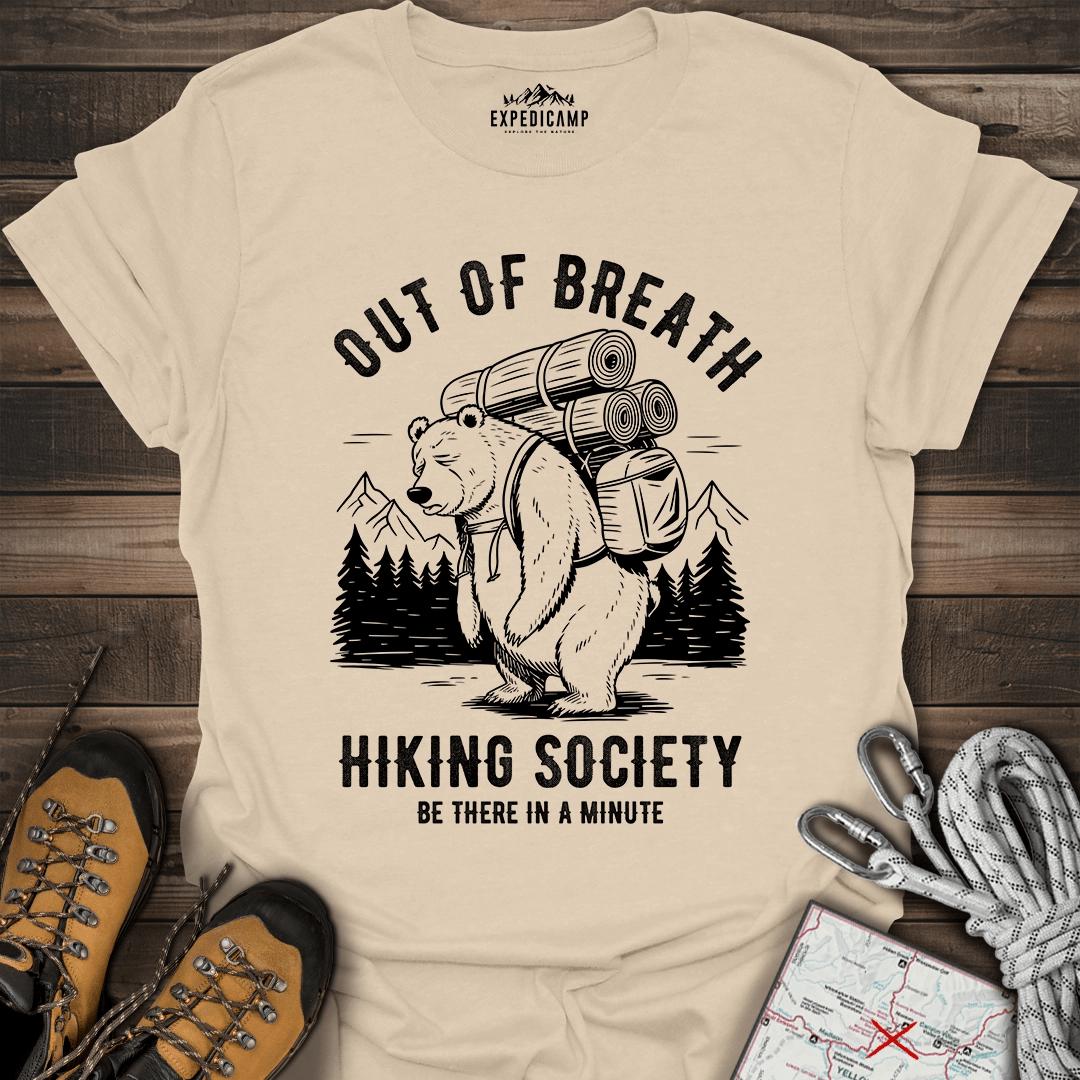 Out Of Breath Hiking Society Bear T-Shirt – Sand – Outdoor apparel for travel, hiking, camping, and nature lovers – ExpediCamp