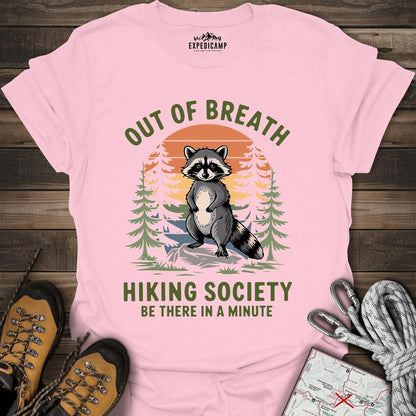 Out Of Breath Hiking Society T-Shirt – Light Pink – Outdoor apparel for travel, hiking, camping, and nature lovers – ExpediCamp