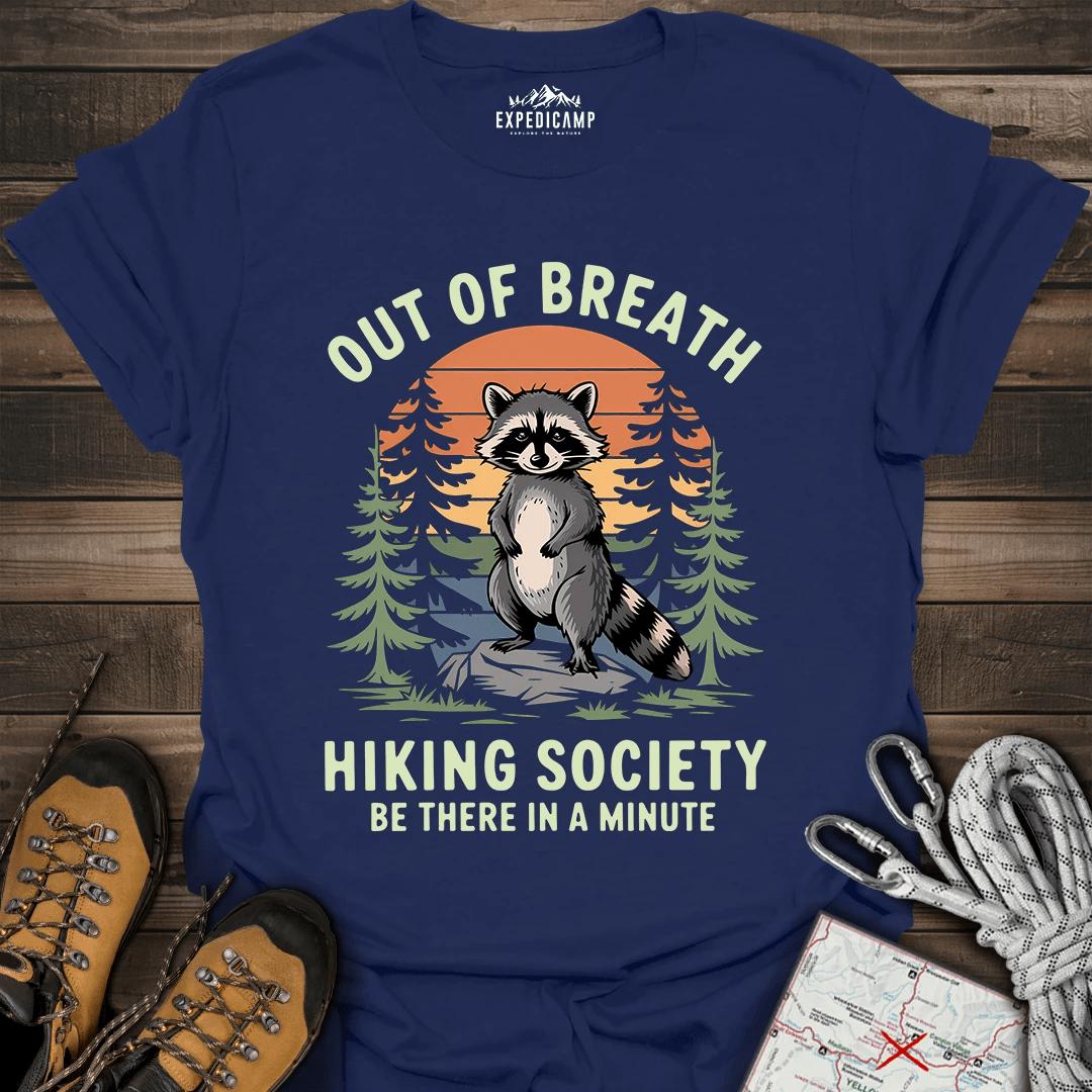 Out Of Breath Hiking Society T-Shirt – Navy – Outdoor apparel for travel, hiking, camping, and nature lovers – ExpediCamp