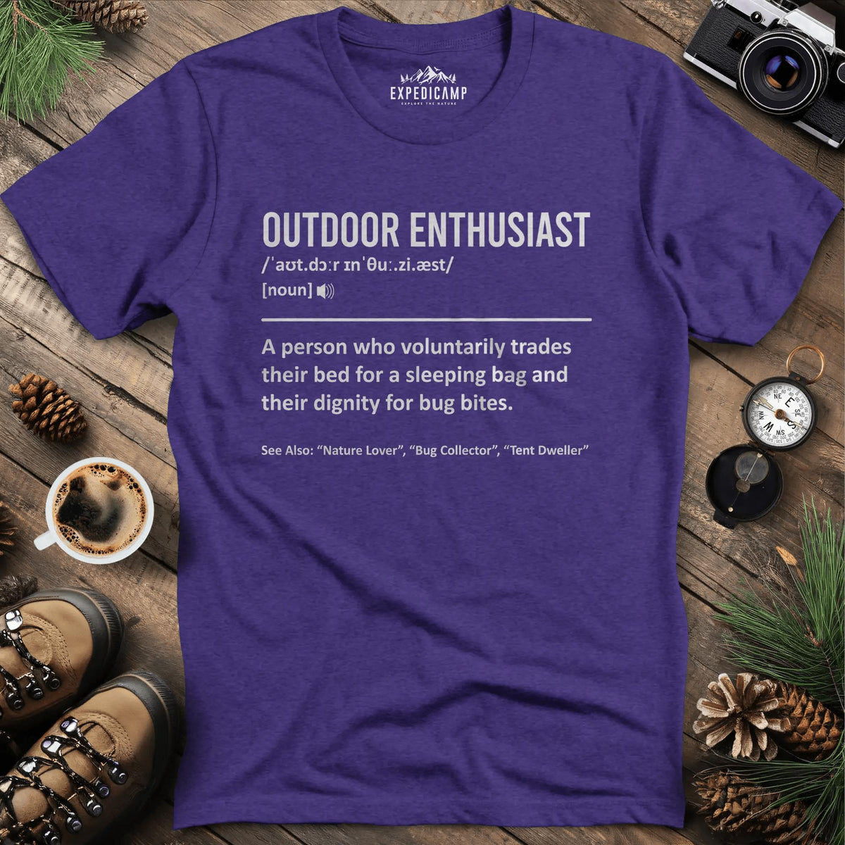 Outdoor Enthusiast Definition T-Shirt – Heather Purple – Outdoor apparel for travel, hiking, camping, and nature lovers – ExpediCamp
