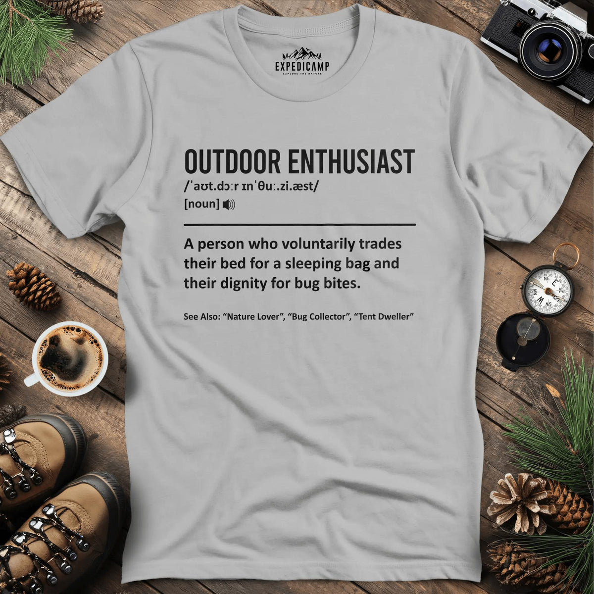 Outdoor Enthusiast Definition T-Shirt – Ice Grey – Outdoor apparel for travel, hiking, camping, and nature lovers – ExpediCamp