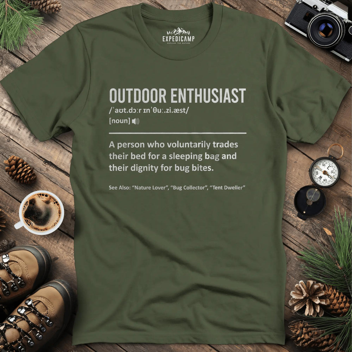 Outdoor Enthusiast Definition T-Shirt – Military Green – Outdoor apparel for travel, hiking, camping, and nature lovers – ExpediCamp