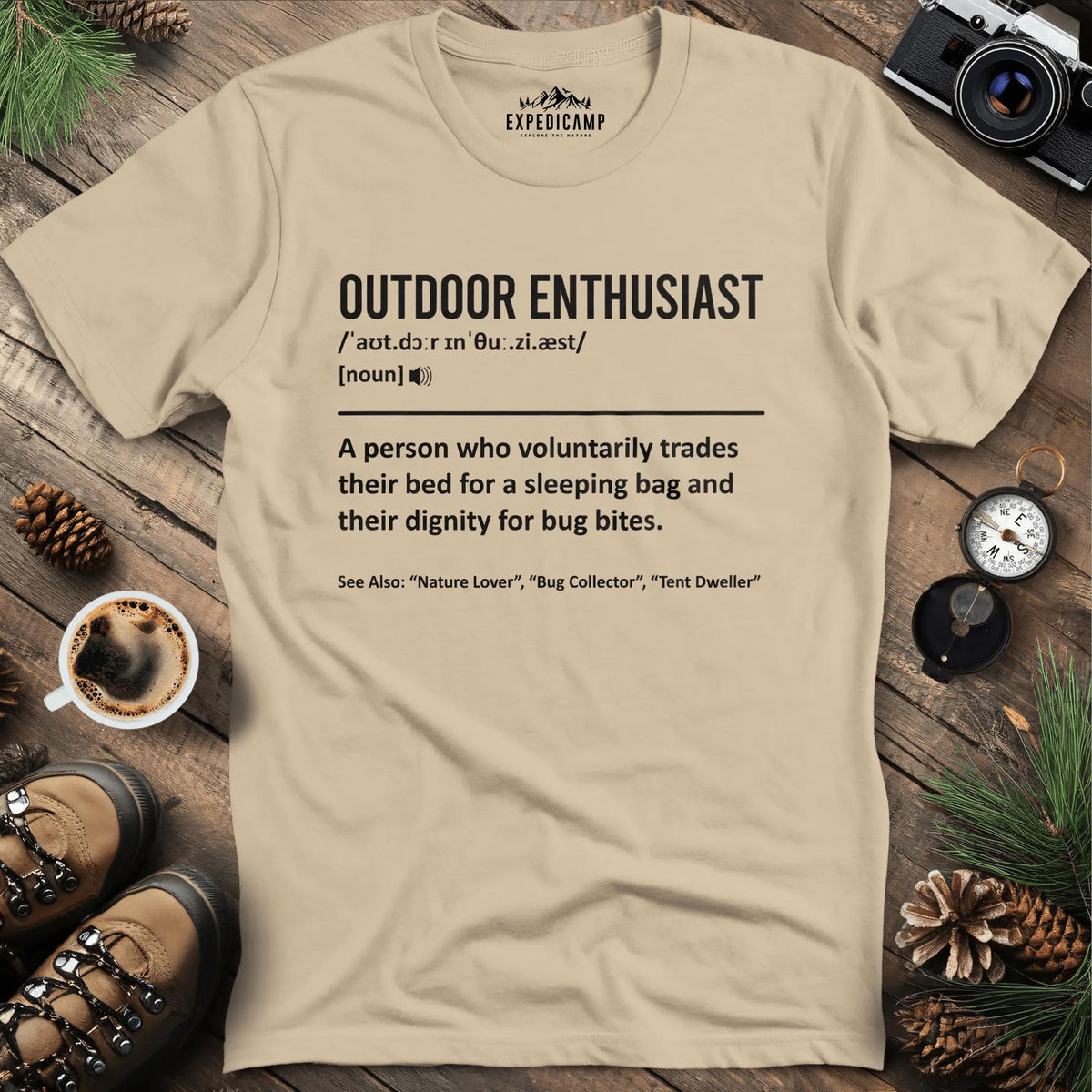 Outdoor Enthusiast Definition T-Shirt – Sand – Outdoor apparel for travel, hiking, camping, and nature lovers – ExpediCamp