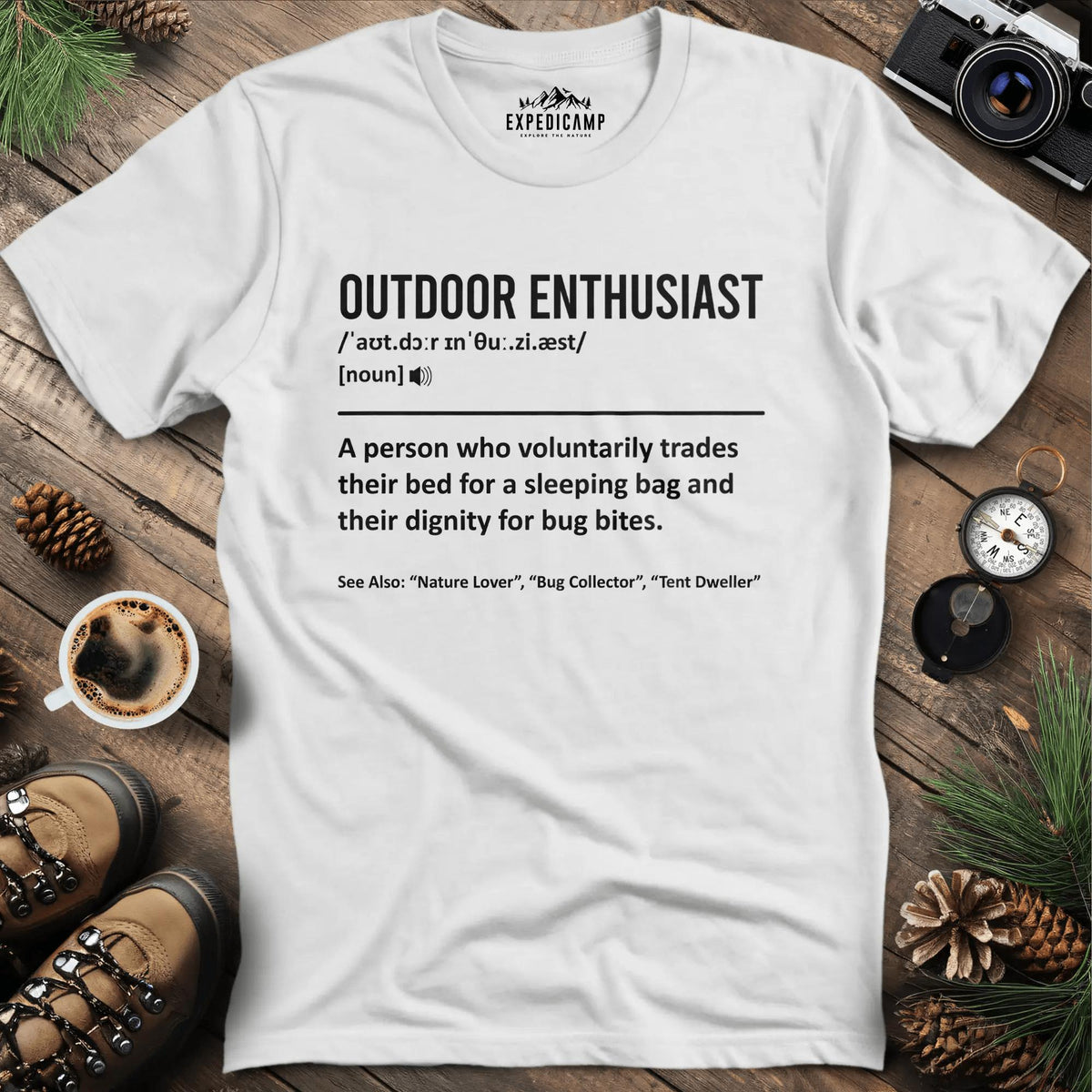 Outdoor Enthusiast Definition T-Shirt – White – Outdoor apparel for travel, hiking, camping, and nature lovers – ExpediCamp