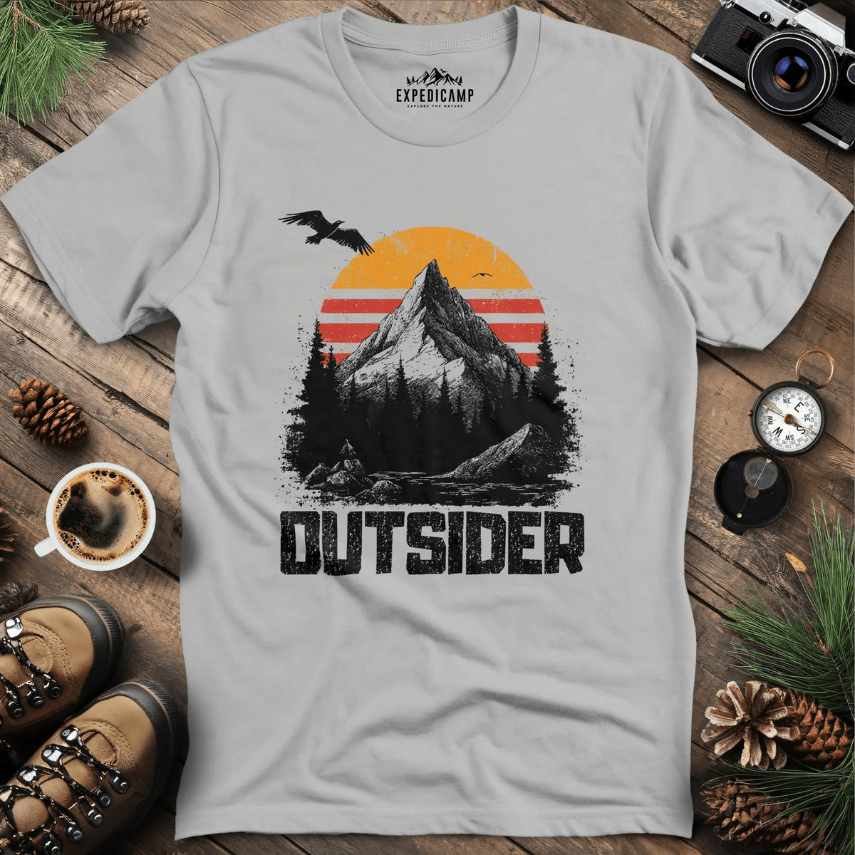 Outsider Mountain Sunset T-Shirt – Ice Grey – Outdoor apparel for travel, hiking, camping, and nature lovers – ExpediCamp