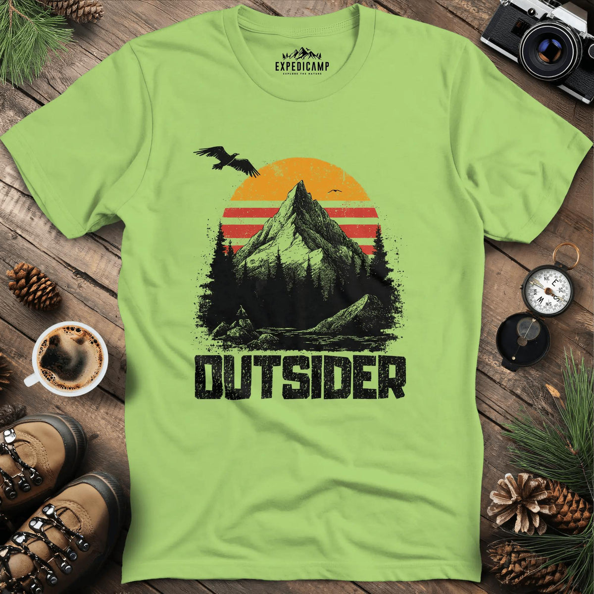 Outsider Mountain Sunset T-Shirt – Kiwi – Outdoor apparel for travel, hiking, camping, and nature lovers – ExpediCamp