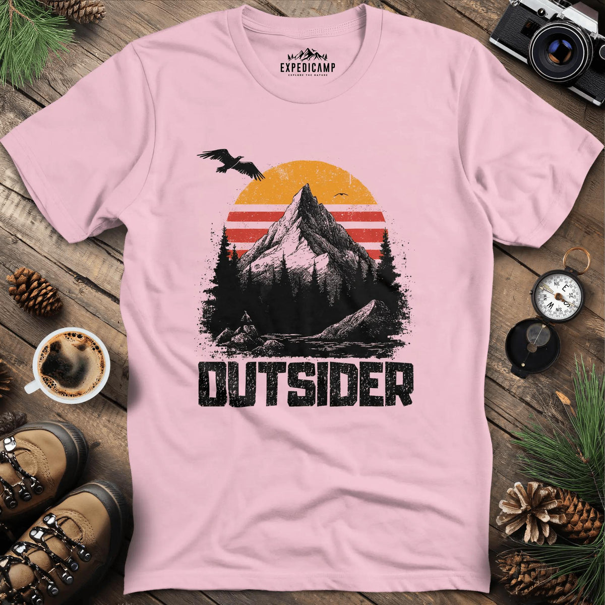 Outsider Mountain Sunset T-Shirt – Light Pink – Outdoor apparel for travel, hiking, camping, and nature lovers – ExpediCamp