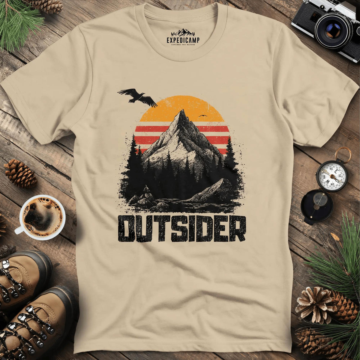 Outsider Mountain Sunset T-Shirt – Sand – Outdoor apparel for travel, hiking, camping, and nature lovers – ExpediCamp
