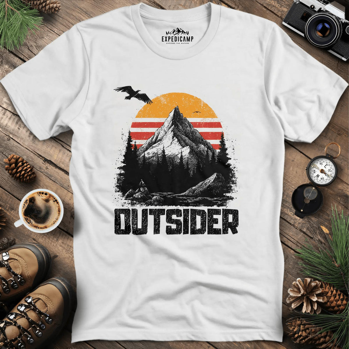 Outsider Mountain Sunset T-Shirt – White – Outdoor apparel for travel, hiking, camping, and nature lovers – ExpediCamp