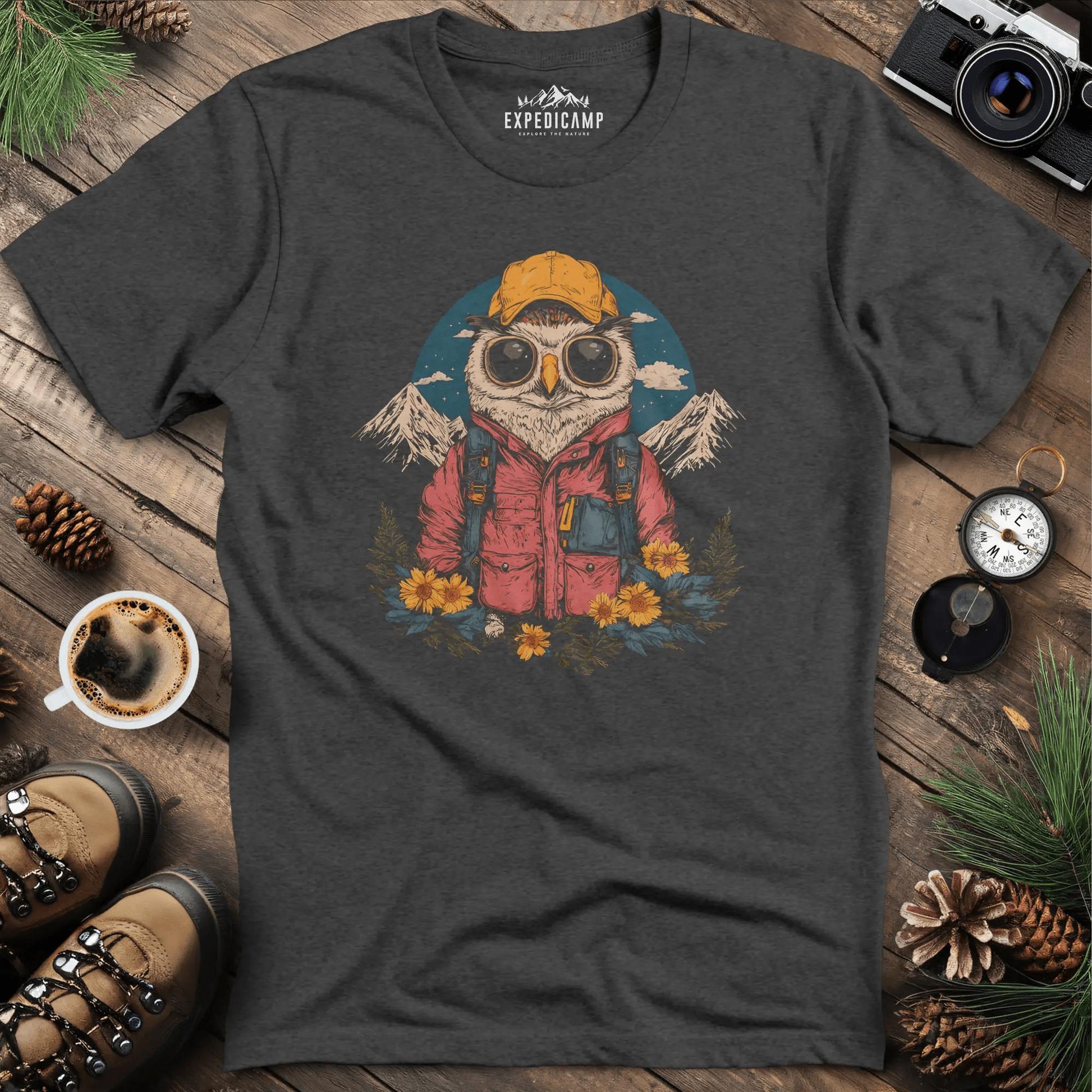 Owl Hiker T-Shirt – Wisdom of the Wild – Dark Heather – Outdoor apparel for travel, hiking, camping, and nature lovers – ExpediCamp