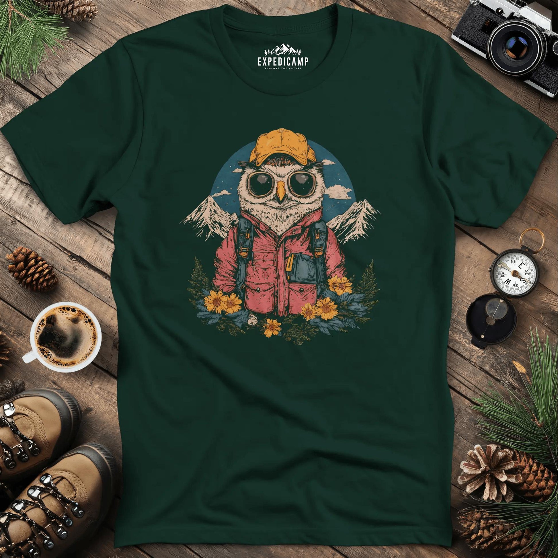Owl Hiker T-Shirt – Wisdom of the Wild – Forest Green – Outdoor apparel for travel, hiking, camping, and nature lovers – ExpediCamp